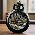 Retro Winter Night Moon Old Pickup Truck Relief Pocket Watch Ornate Carved Black Case Men Vintage Quartz Pocket Watch Qme black
