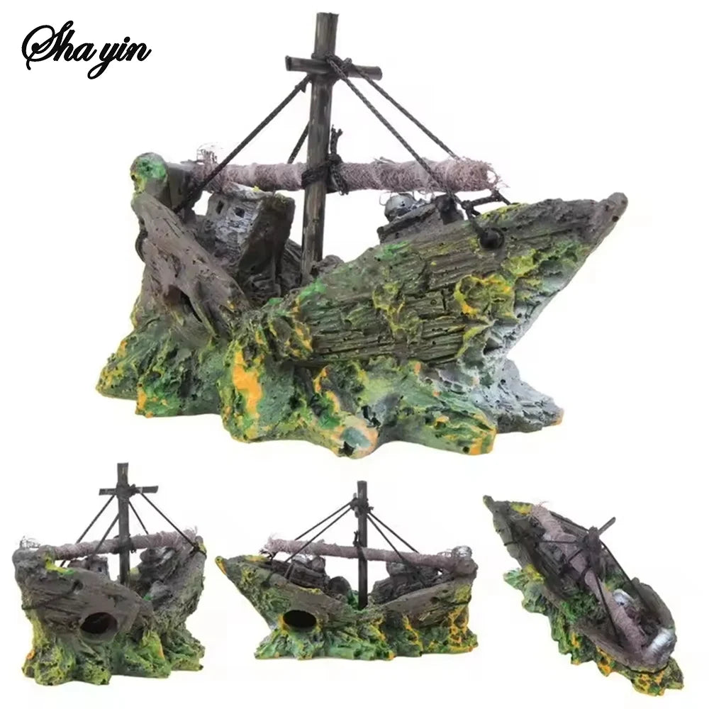 Random Style Fish Tank Shipwreck Pirate Ship Ornament Simulation Underwater World Fish Tank Landscape Ornament Resin Decoration Qme