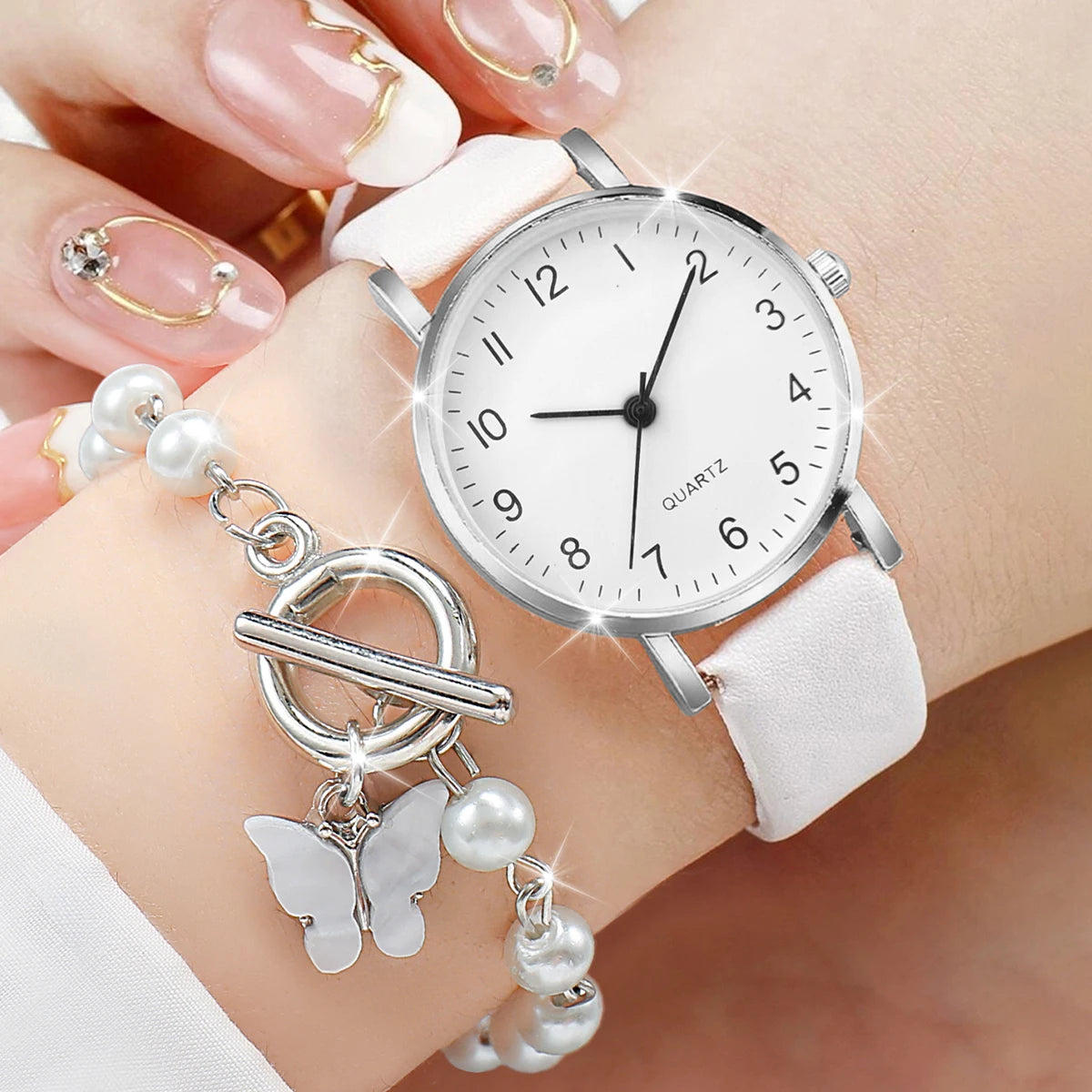Leather Bracelet Watch with Arabic Dial for Women, Quartz Watches, Pearls, Boxed Butterfly Bracelet, Fashion, 2 Pieces Per Set Qme