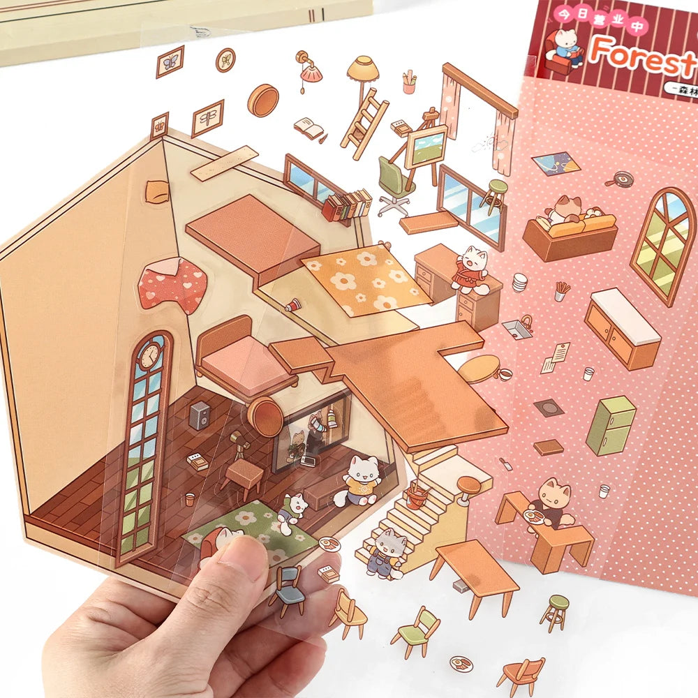 Cartoon 3D Landscaping Scrapbooking Stickers Miniature Scene DIY Cabin Scene Stacking and Pasting Hand Account Gift for Kid Qme