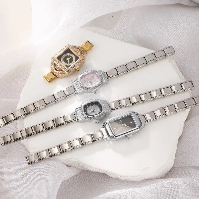 Fashion Women's Men's DIY 9mm Width Italian Elastic Charm Stainless Square Shiny Zircon Watch Bracelet Bangle For Birthday Gifts Qme