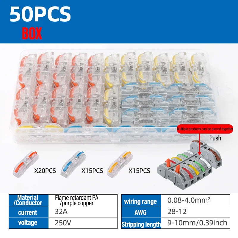 Quick Lever Wire Connectors Terminal 1-To-1 Inline Spliceable Butt Wiring Block Reusable Plug In Insulated Electrical Connector Qme T211 50PCS