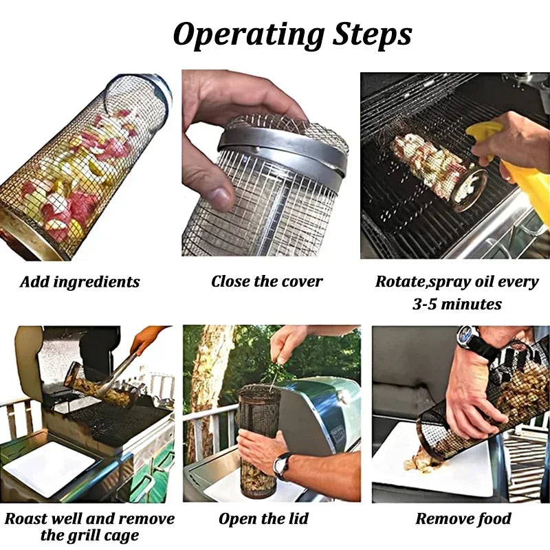 Stainless Steel Cylinder Rolling Grilling Basket Portable Round BBQ Rack Wire Mesh Barbecue Grate for Outdoor Camping Picnic Qme