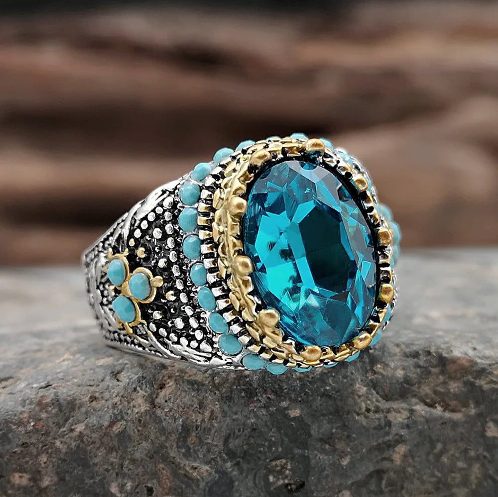 Retro Handmade Turkish Ring for Men Vintage Turquoise Gem Rings Punk 2022 Men's Fashion Jewelry Gifts Qme