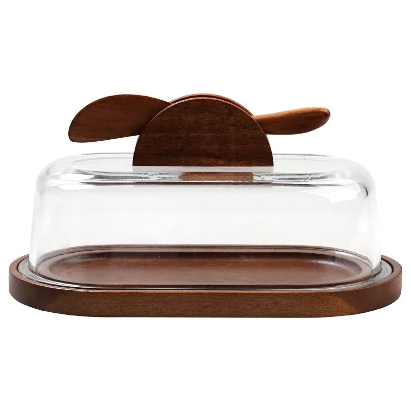 Premium Solid Wood Tray Tempered Glass Lid Reusable Butter Storage Qme
