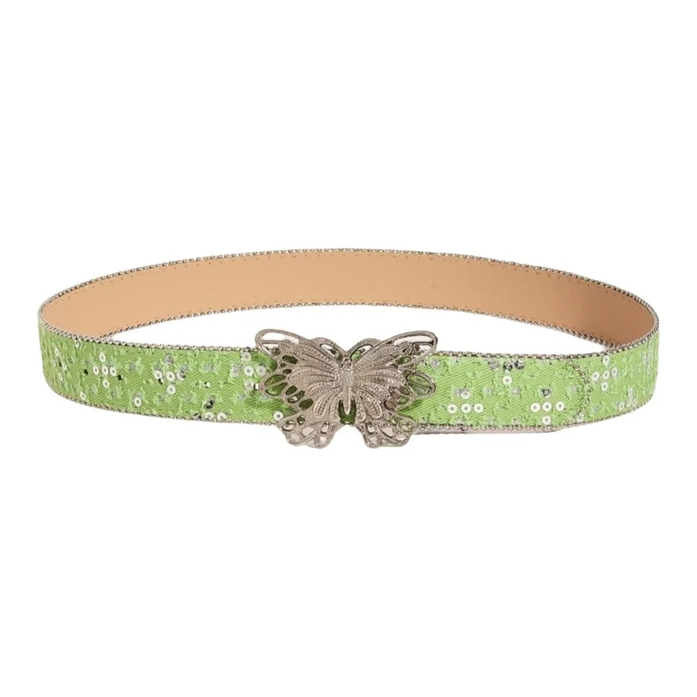 Fashion Sequins Butterfly Belt Y2K Hip Hop Wide Belt Punk Korean Style Denim Waistbands Daily Qme Green
