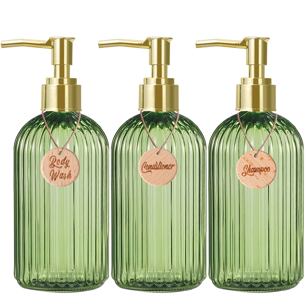 Reusable Shampoo Conditioner Body Wash Bottle Bathroom Shower Soap Dispenser with Wooden Tag Gold Bathroom Accessories Qme set of three 500ml