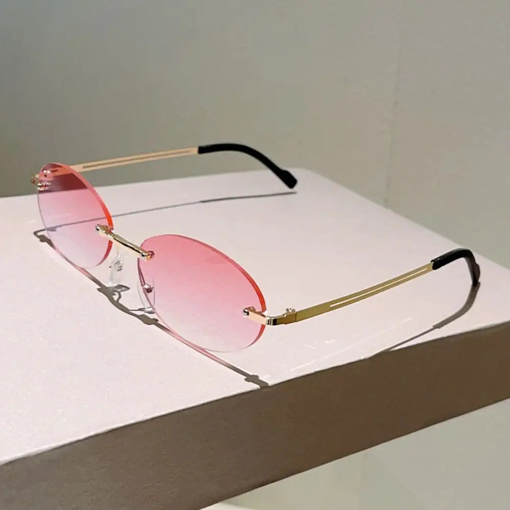Trendy Vintage Frameless Sunglasses Metal Gradient Rimless Oval Sunglasses Small Frame Solid Color Fashion Shades Beachwear Qme