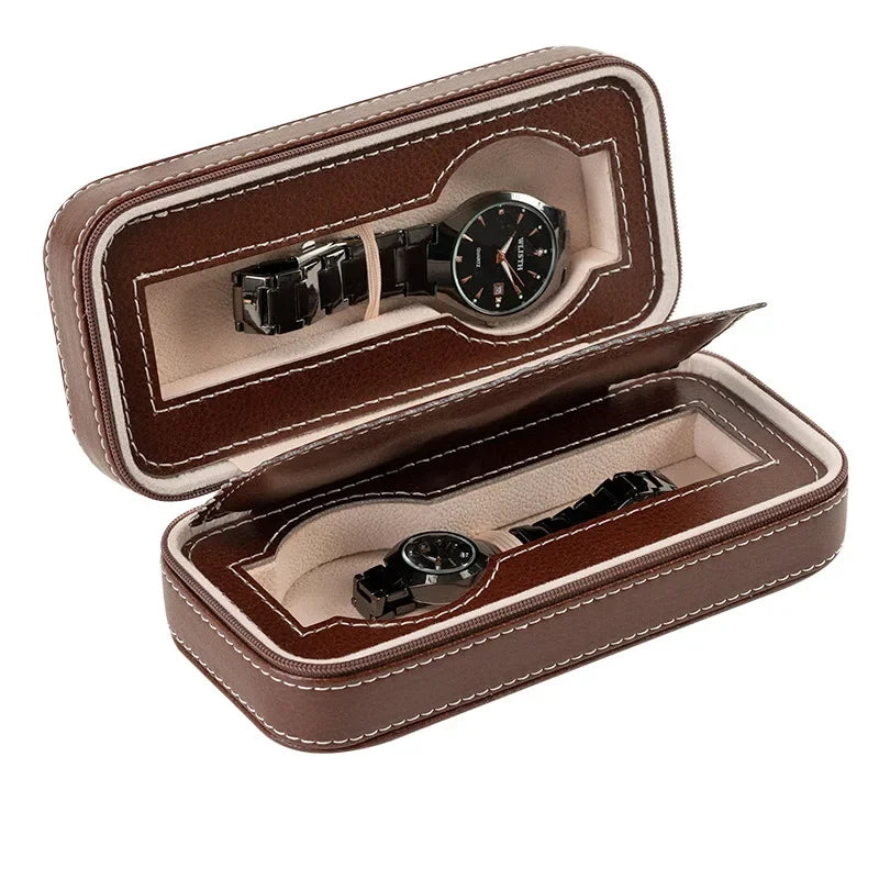 New Travel Dustproof Embedded Watch Box Zipper Portable PU Leather Storage Case Watch Display Box For Trips And Gifts Qme 2 Grids Brown
