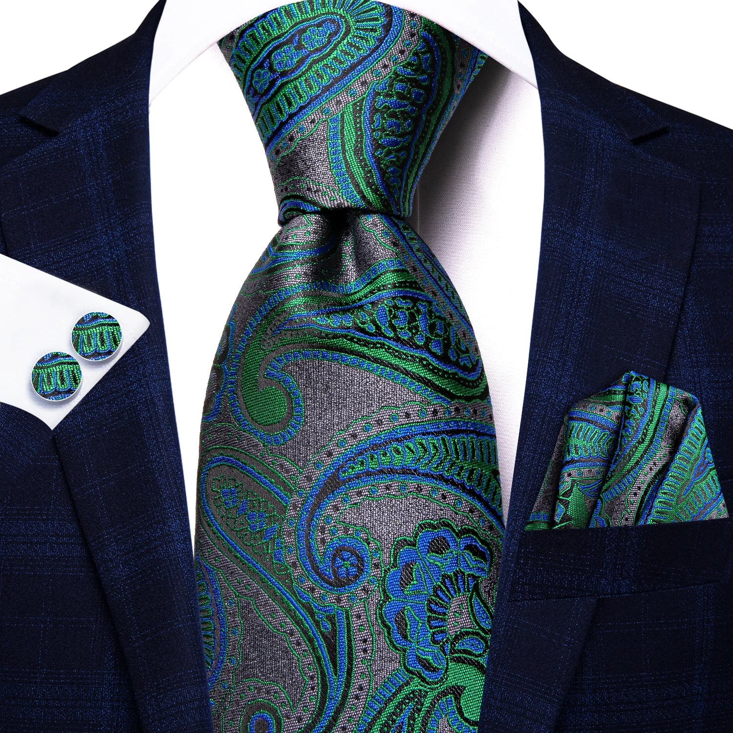 Hi-tie Paisley Dark Green Black Mens Elegant Necktie Handkerchief