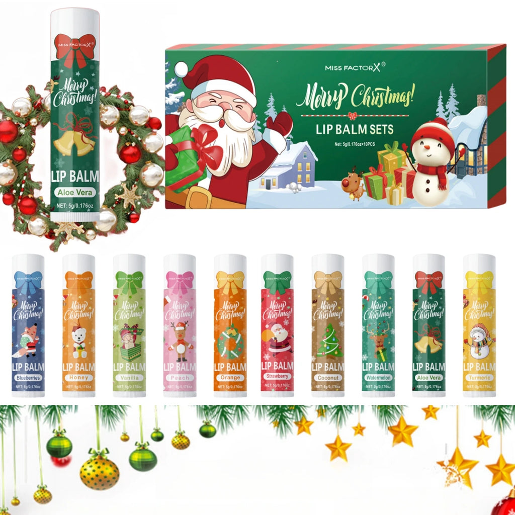 10PCS/Box Christmas gift box, lip balm set, deeply hydrating lip moisturizer, lip color brighten, gift to women Qme