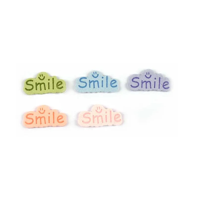 30pcs 14.5x29mm Smile Letter Embossed Leather Labels For Clothes Sewing Accessories DIY Bag Kid Garment Craft Handmade Tag C3707 Qme