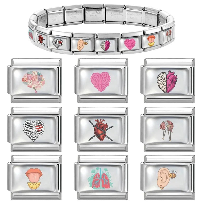 Fashion Y2K Lips Heart Brain Lungs Ears Colorful Italian Charm Links Stainless Steel Fit 9mm Bracelet Jewelry DIY Making Gifts Qme