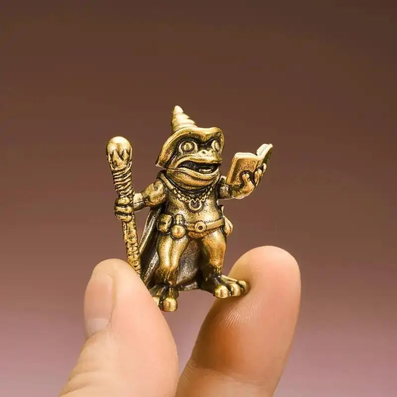 Vintage Brass Frog Wizard Statue Holding Magic Wand Ornament Home Qme