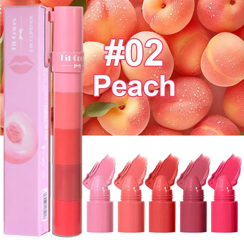 5In1 Combination Peach Matte Lipstick Kit Waterproof Non-Stick Cup Purple Red Lip Stain Tint Cosmetic Nude Lipstick Pen Makeup Qme