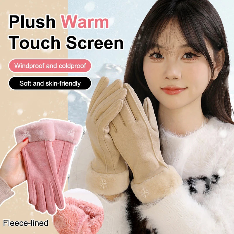 Autumn Winter Warm Suede Gloves Velvet Thickened Plush Decor Cuff Qme