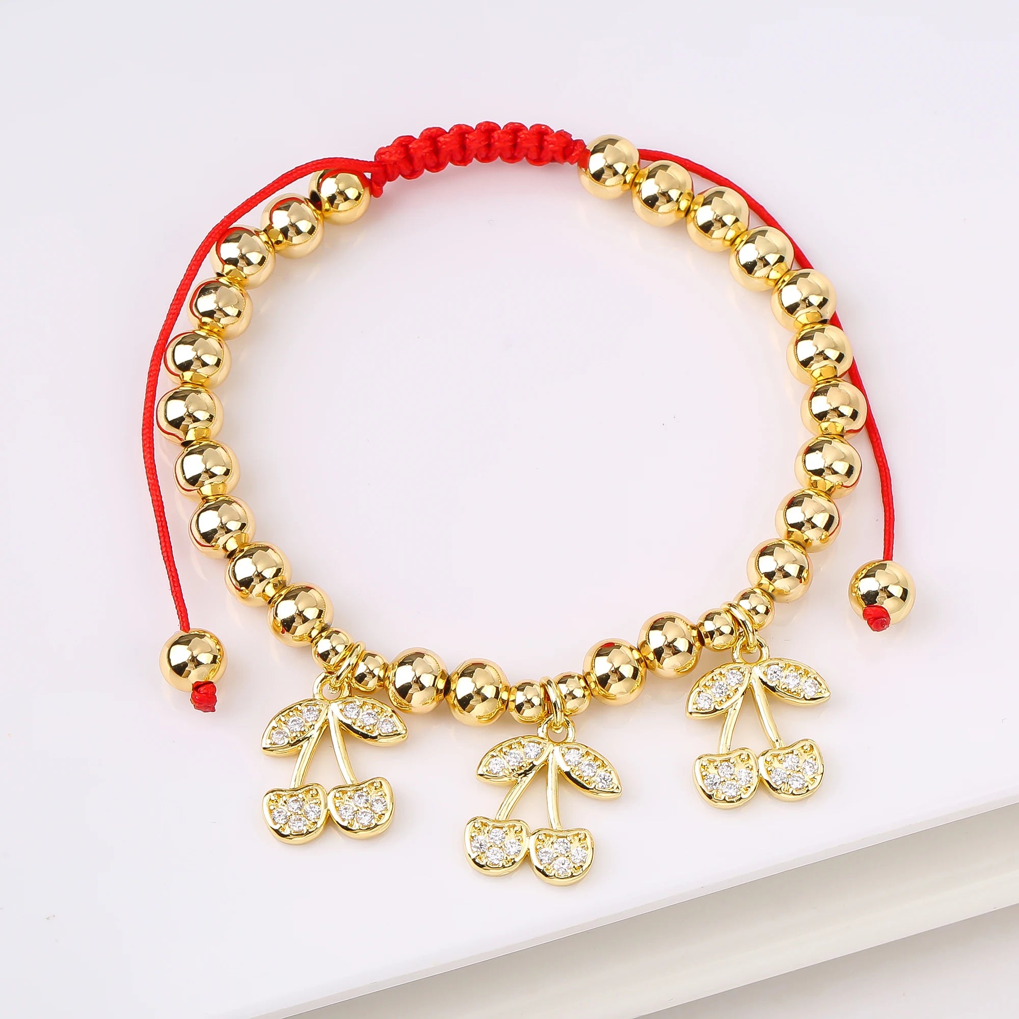 Gold-Plated Copper Bead Chain Braid Crystal Red Cherry Bracelet for Woman Female Daily Party Wrist Jewelry Friendship Gift Qme 11