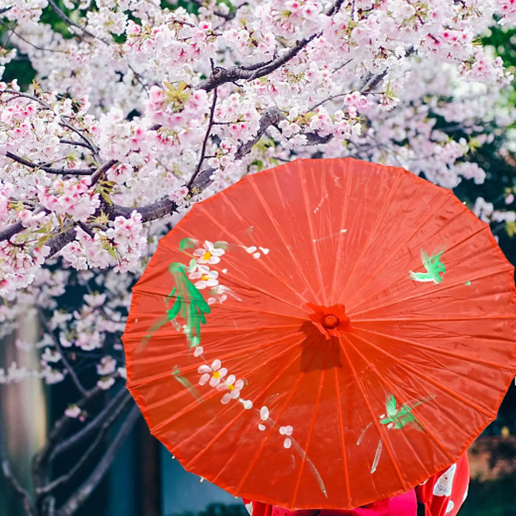 Vintage Chinese Silk Oil Paper Umbrella Red Flower Oil Paper Umbrella Bamboo Handle Wedding Decor Photo Parasol Dance Props Red Qme