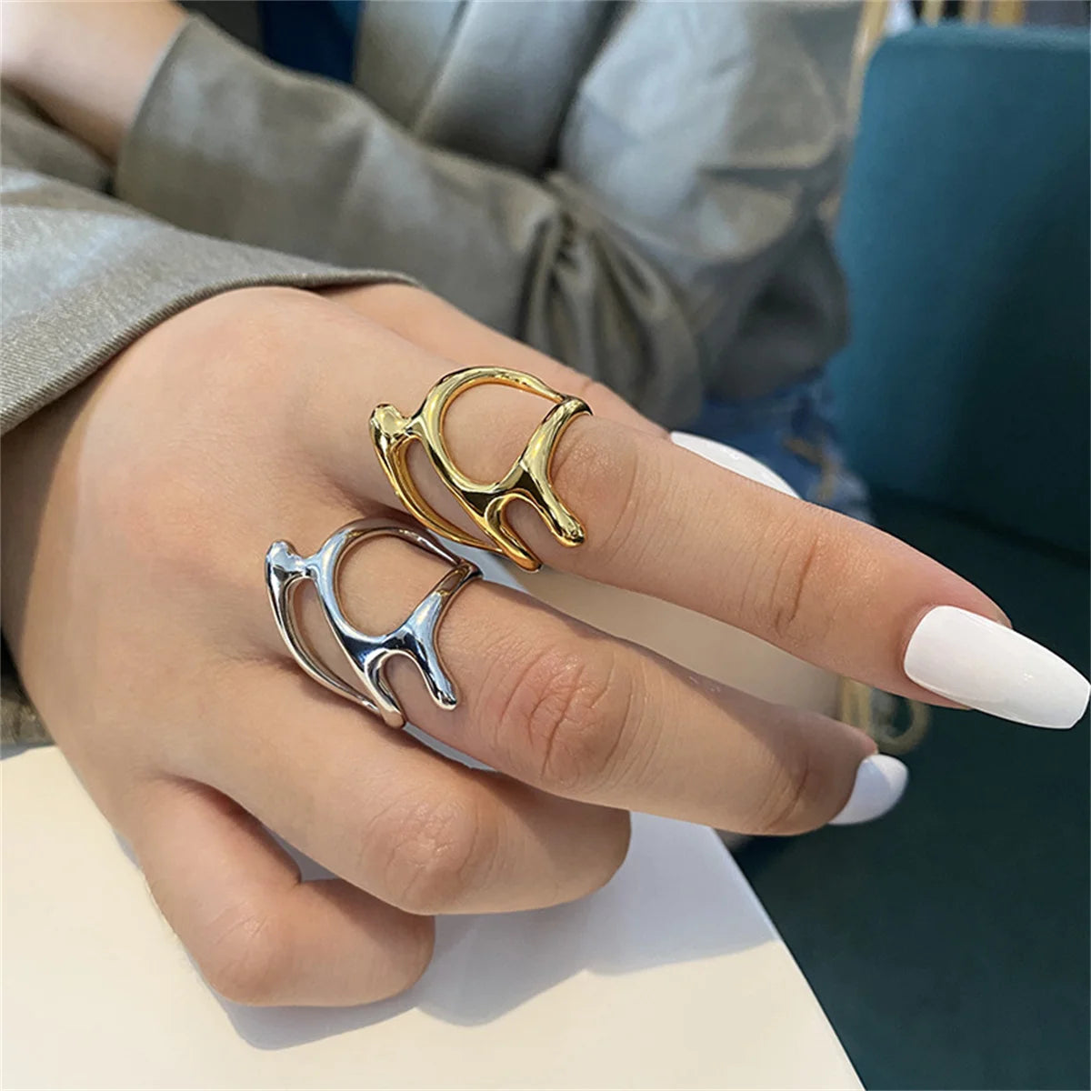 Y2K Silver Color Irregular Adjustable Rings for Teenager Punk Geometric Hollow Branches Open Ring Party Vintage Women Jewelry Qme