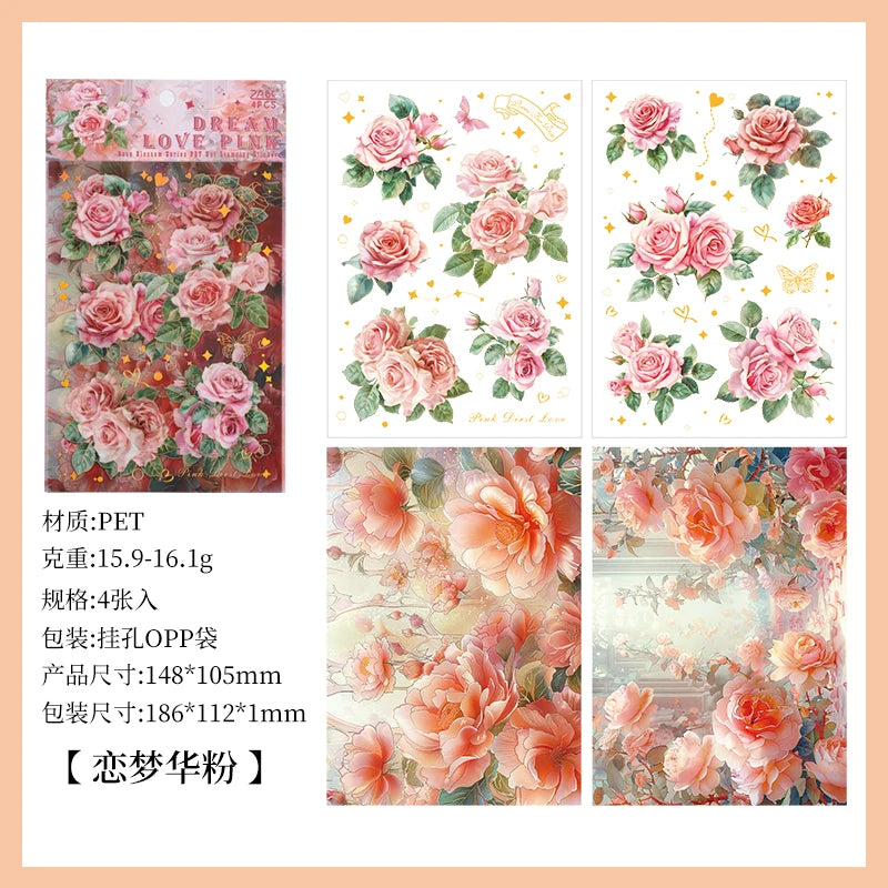 4pcs/pack Large size Aesthetic Flowers PET Stickers Shell Light DIY Scrapbooking Decor Stationery Collage Junk Journal Supplies Qme A