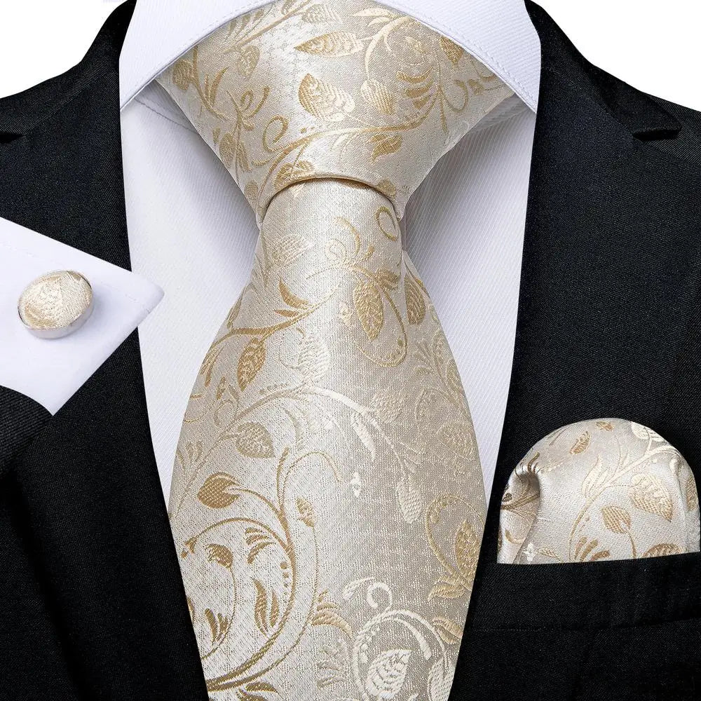 Hi-tie Floral Champagne Ivory Mens Elegant Necktie Handkerchief