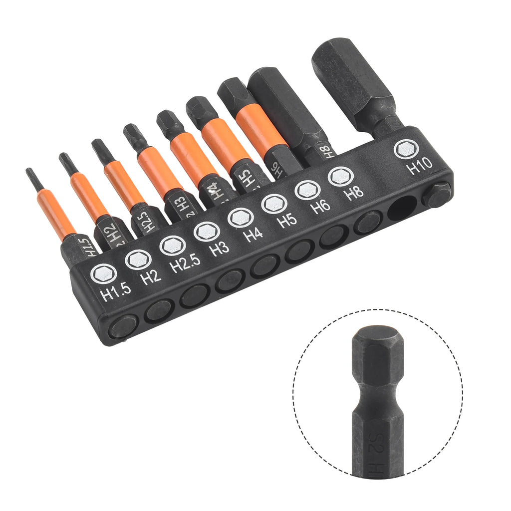 9pcs Hexagon Screwdriver Bit Set Hex Head Wrench Drill Bit 1/4" Shank Quick Change Screwdriver Bit S H1.5-H10 Hand Tools Qme