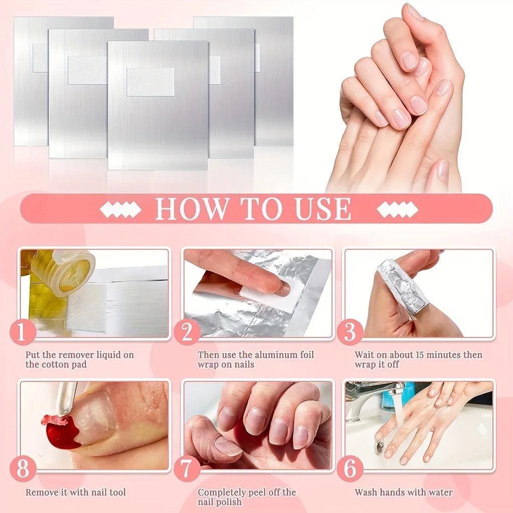 Nail Studio Set 100pcs Glossy Aluminum Foil Sheets, 100pcs Aluminum Foil Absorbent Pads, Gel Polish Remover, Large Pad, Qme