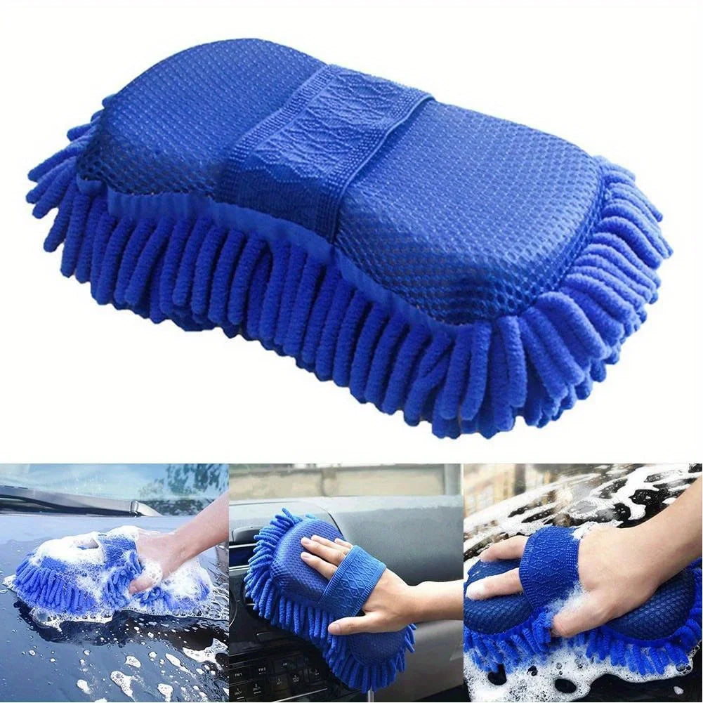 1pc Blue Microfiber Chenille Car Wash Sponge | Care Washing Brush Pad, Auto Washing Towel Gloves Styling Accessories Qme 1pc
