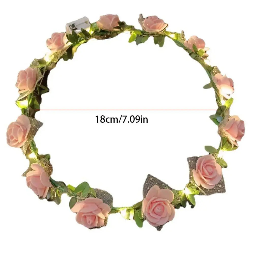 Simulation Rose Flower Wreath Headband Tiara LED Light Crowns Qme
