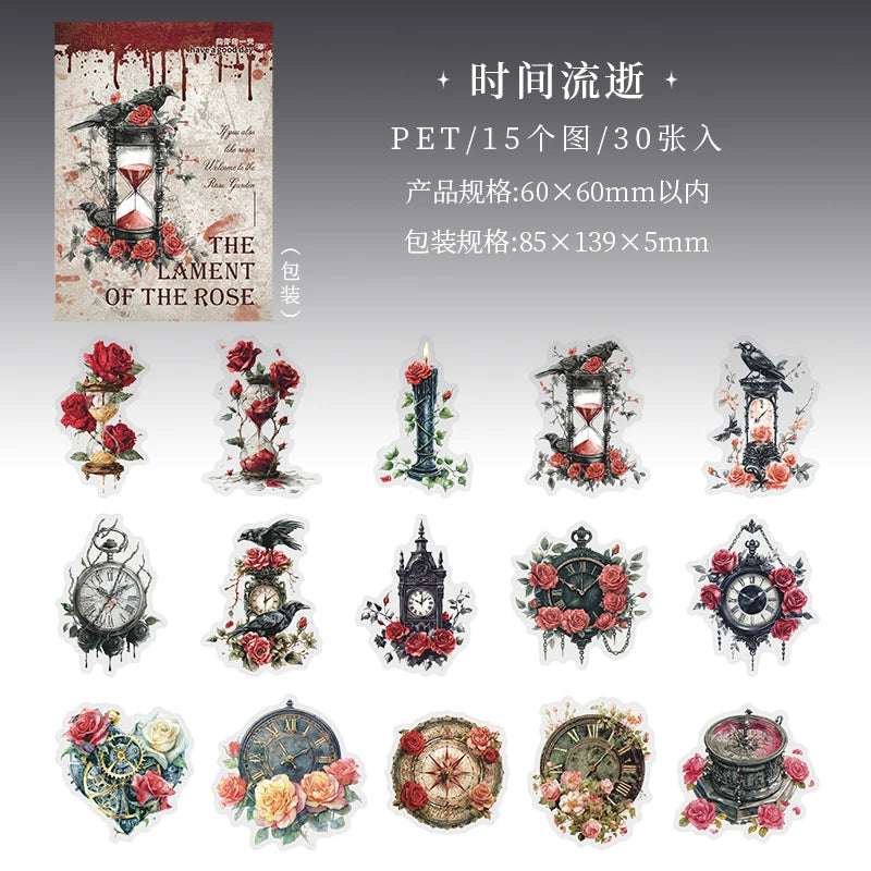 30 Sheets/Bag Dark Gothic Horror Rose Themed PET Sticker Pack for DIY Scrapbook Phone Case Notebook Decoration Craft Qme 6