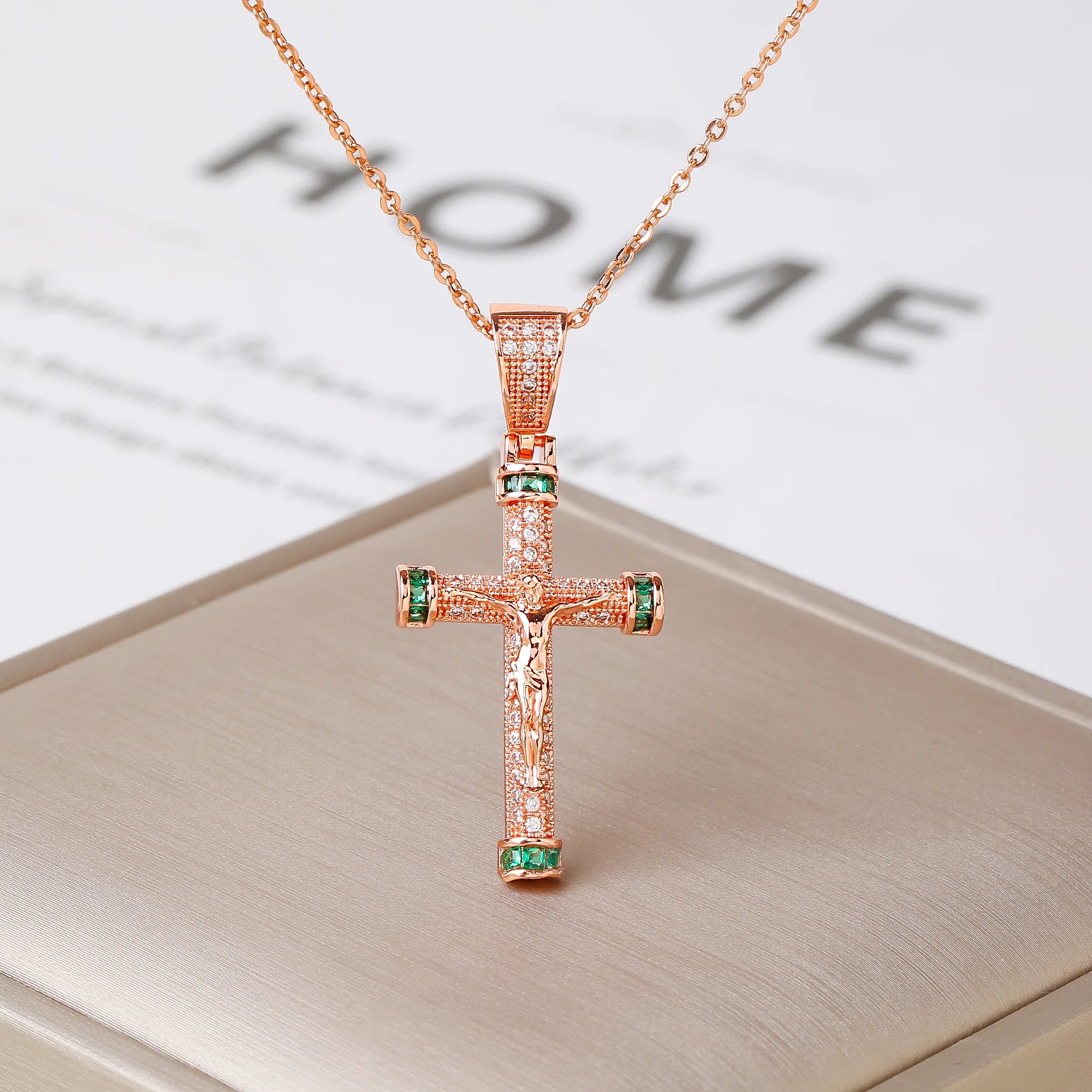 Gold Rose Gold Jesus Crucifix Cross Necklace Luxury for Women Men Faith Jewelry Religious Rhinestone Pendant Daily Wear & Gift Qme 2