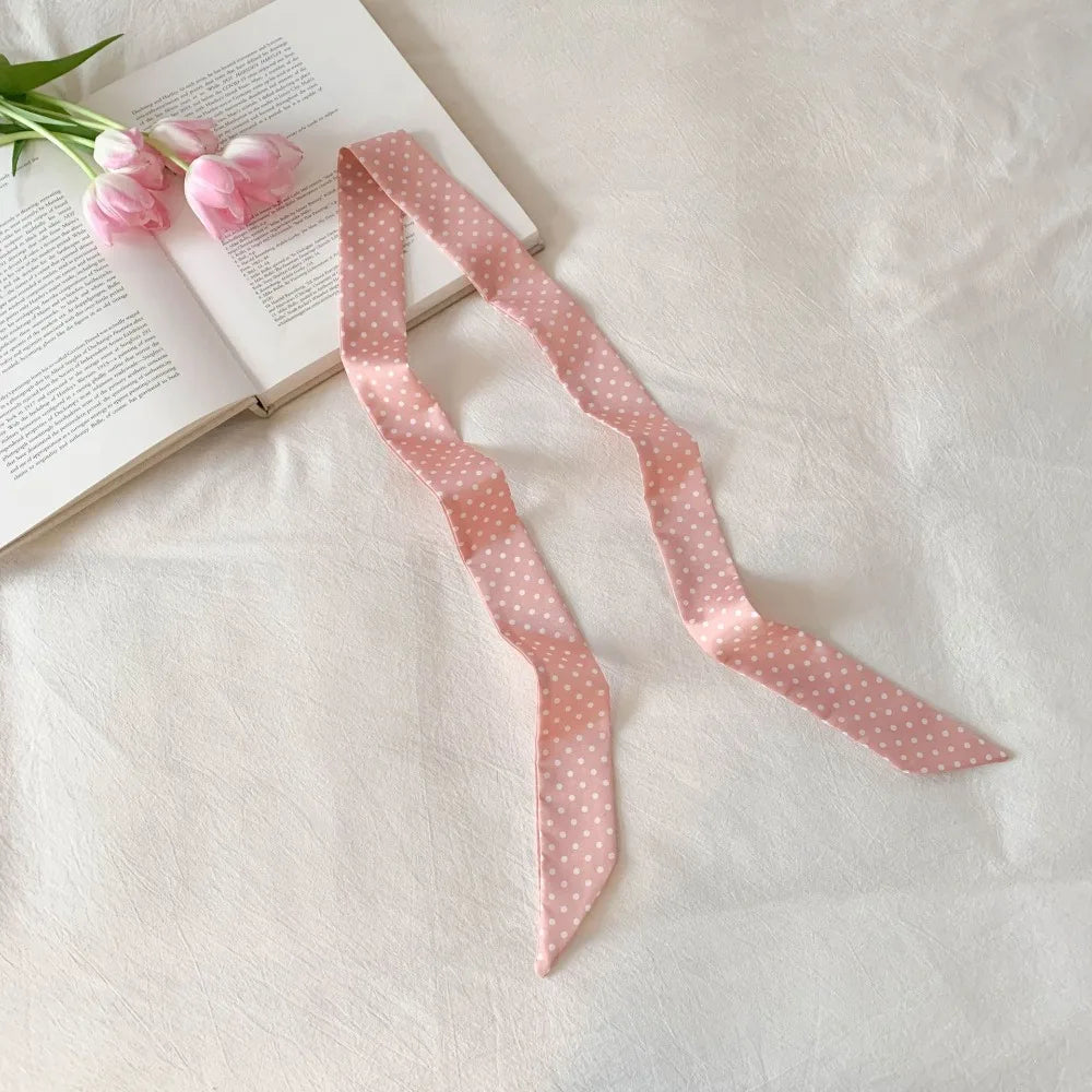 Retro Bow Ties Long Silk Scarf Ice Cream Printed Plaid Hair Band Qme Pink