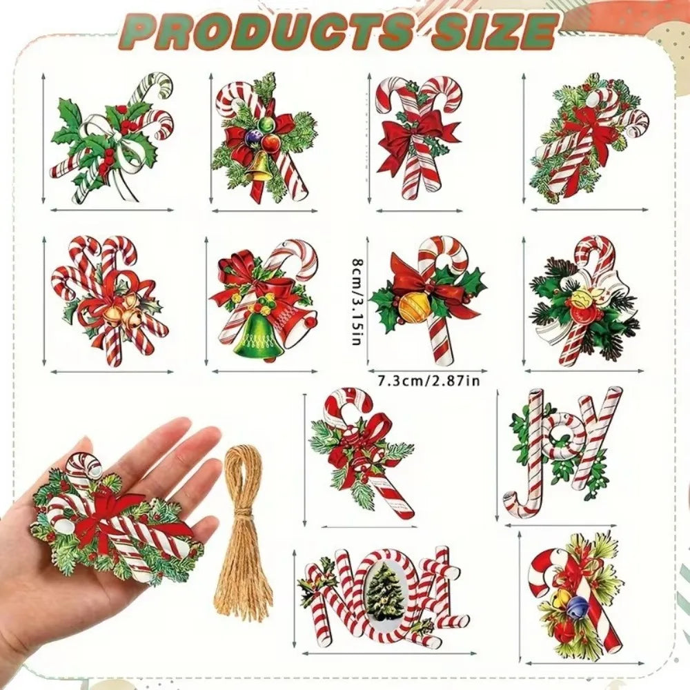 Wooden Christmas Tree Ornaments Cute Candy Cane Bow Bells Hanging Qme