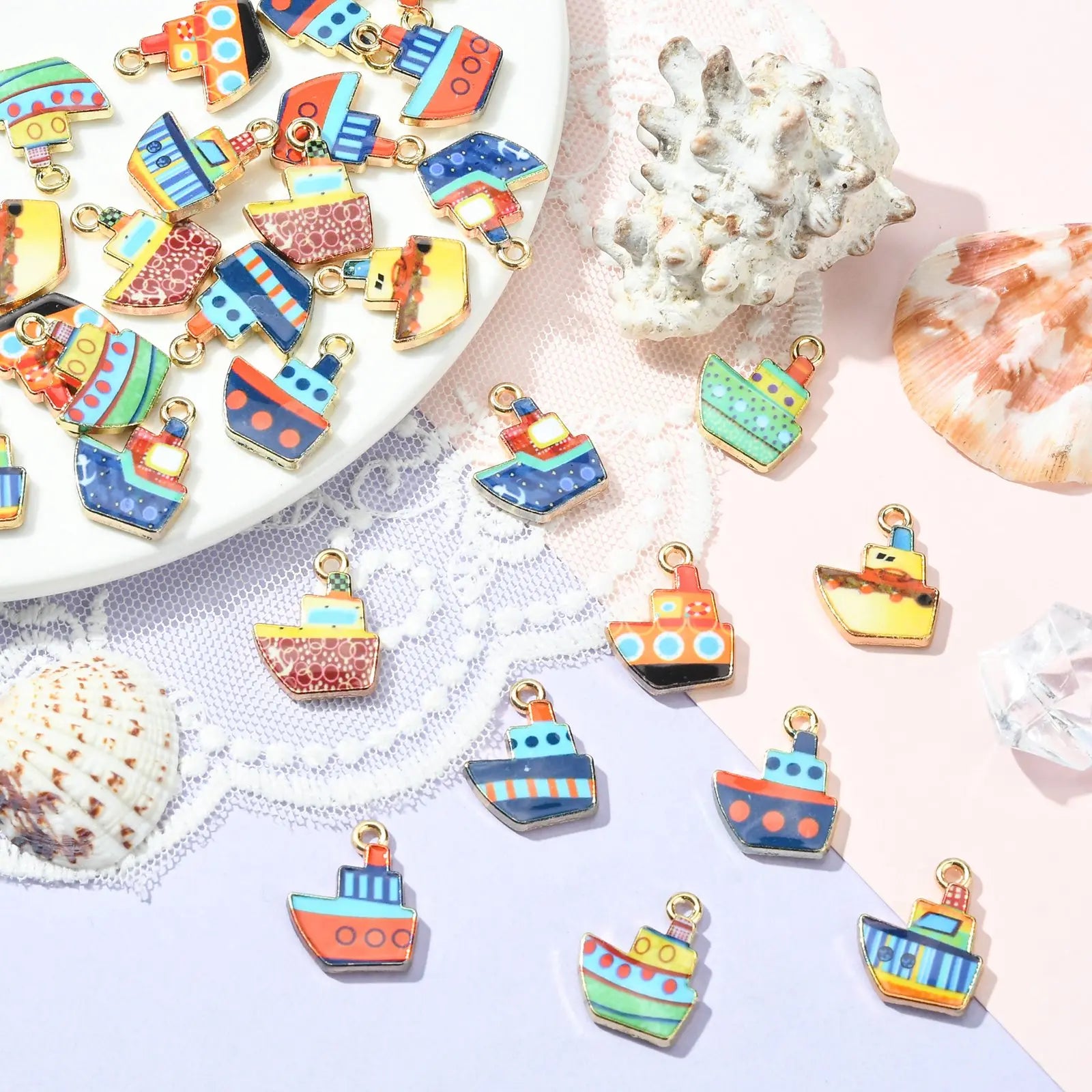 PandaHall 30Pcs 10 Styles Nautical Ship Charms Sea Journey Enamel Cruise Charms for DIY Craft Jewelry Making Supplies Qme