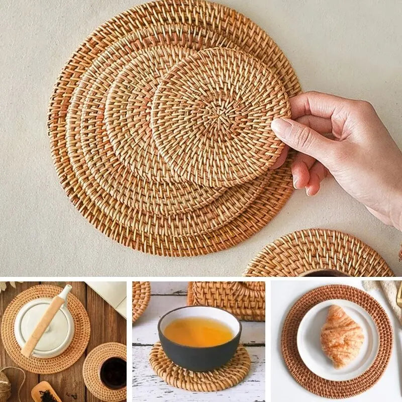 Placemat Pad Coasters Kitchen Table Mats Rattan Coaster Bowl Mats Padding Mat Insulation Pad Round Placemats Woven Hand-made Qme