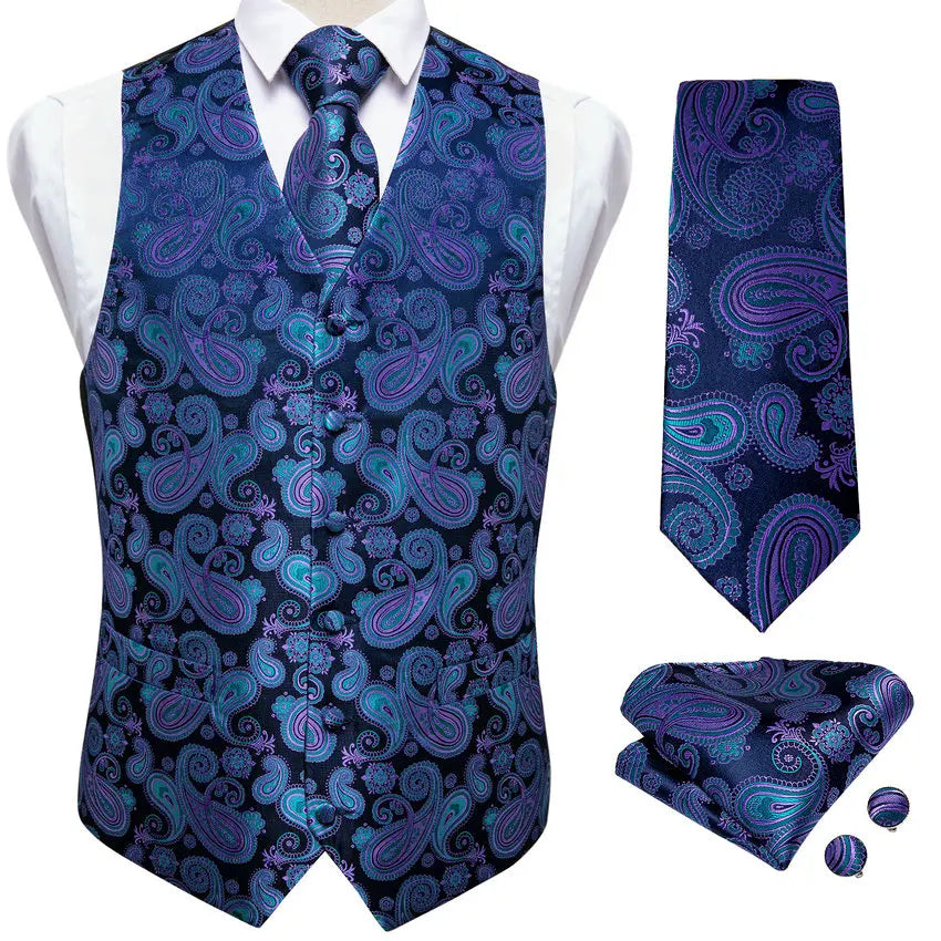 Men's Luxury Paisley Suit Vest & Tie Set – Formal Waistcoat with Necktie Pocket Square, Perfect for Weddings and Business Events Qme MJ-0104 XL