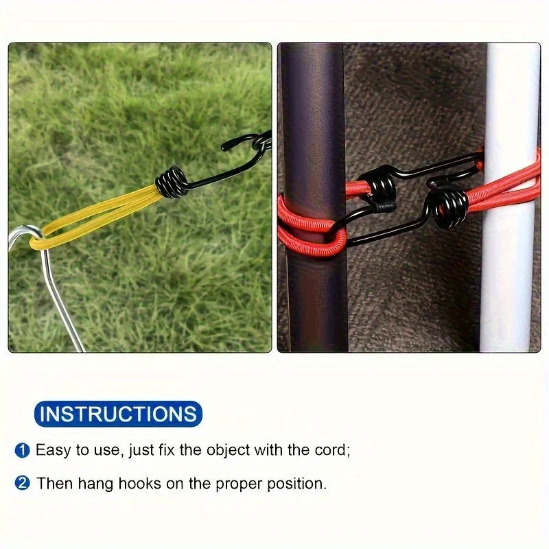 4pcs Heavy-Duty Elastic Bungee Cords with Iron Spiral Hooks, - Flexible Nylon for RV Camping, Tents, Tarps & Canopies - Durable Qme