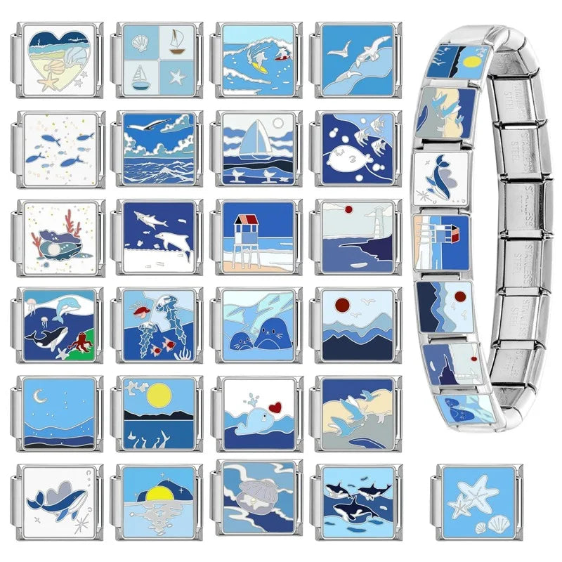 Original Colored Glaze Star Sun Starfish Ocean Italian Charm Stainless Steel Link Fit 9mm Modular Bracelet DIY Jewelry Wholesale Qme