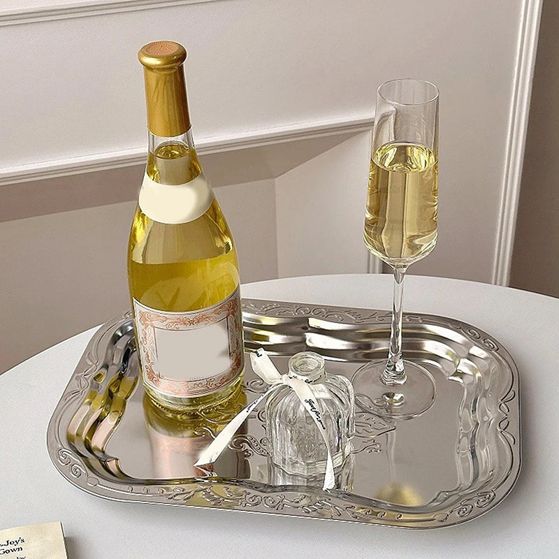 Stainless Steel Rectangular Tray Embossed Design Kitchen Living Room Qme