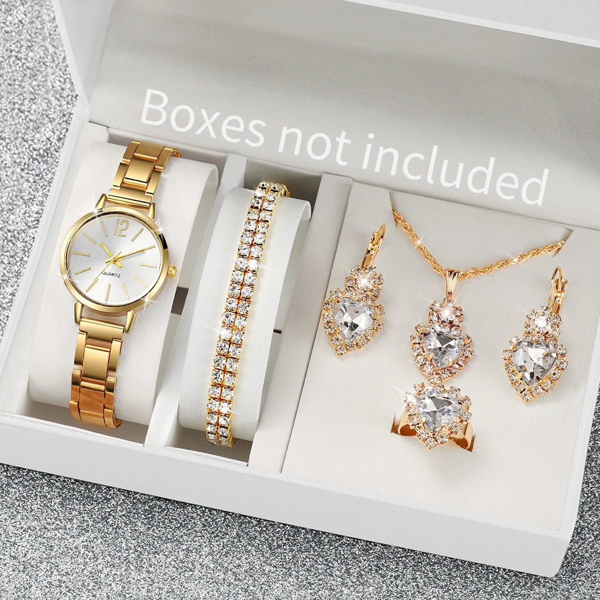 Mulheres Relógio Quartzo de Liga Dourada, Conjunto de Jóias Coração sem Caixa, Fashion, senhoras, 6 peças por conjunto Qme Gold