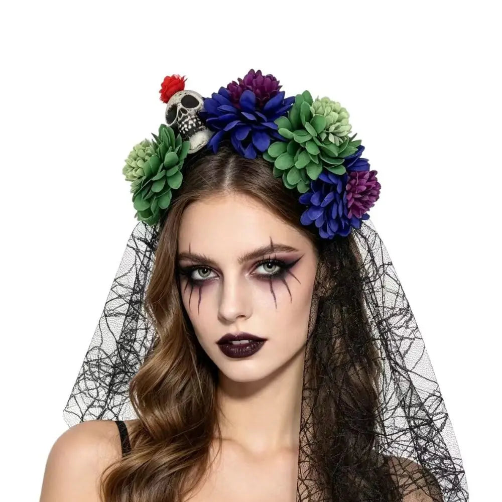 Artificial Flower Halloween Flower Headband Floral Black Veil Ghost Festival Headpiece Lightweight Photo Prop Qme
