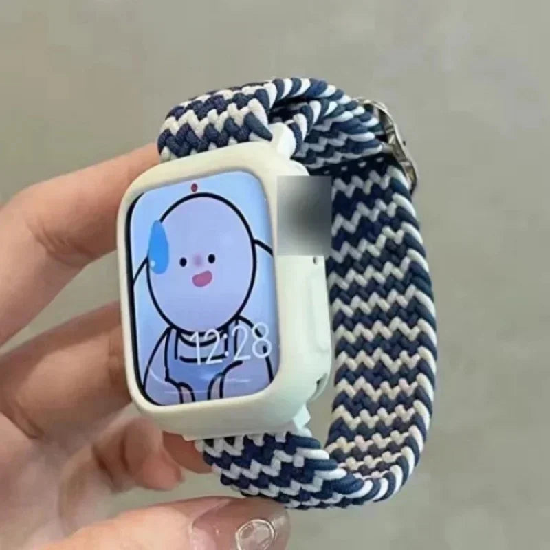 Korean Cute Braied Strap + Case For Apple Watch Band 49mm 41mm 45 44 38 42 Nylon Bracelet For iWatch Series 9 8 7 6 5 4 3 SE 40 Qme W Blue White Texture For Series123 42MM