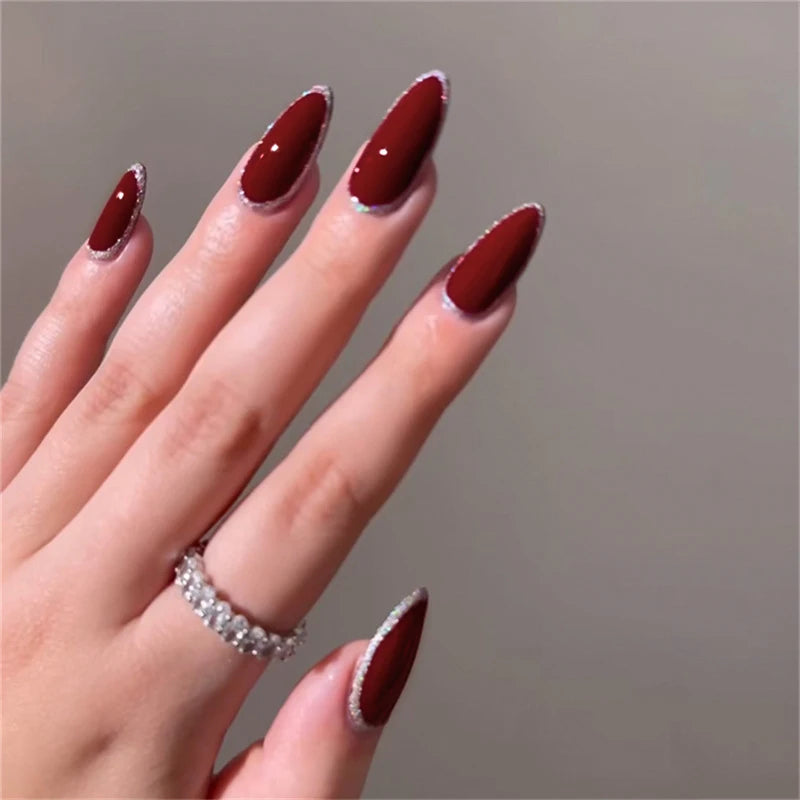 French False Nails Leopard Almond Fake Nail Tips Rhinestones Design Qme BZ1324