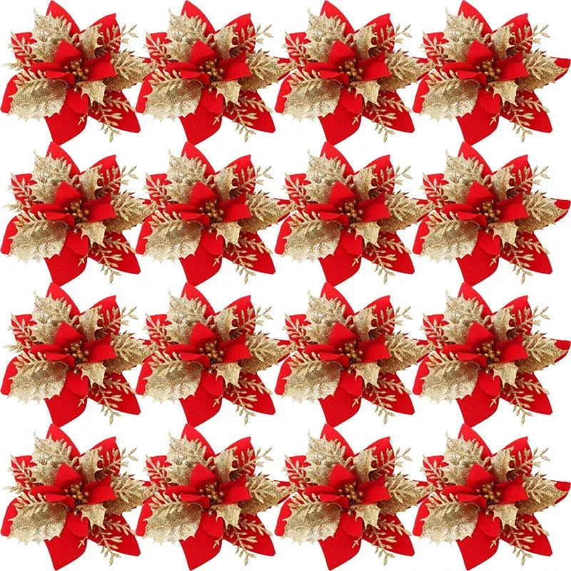 Christmas Red Gold Glitter Flowers Artificial Poinsettia Flower for Xmas Tree Ornaments Navidad New Year Party Home Decoration Qme Red gold 30PCS