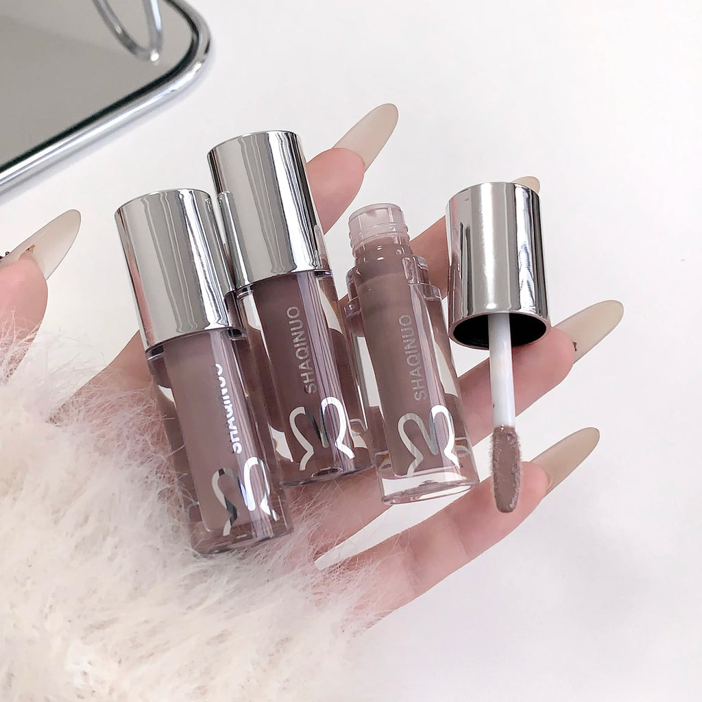 SHAQINUO Water Light Mirror Lip Gloss Lasting Moisturizing Cool Black Silver Gray Pearlescent Fine Sparkling Lipstick Lip Oil Qme