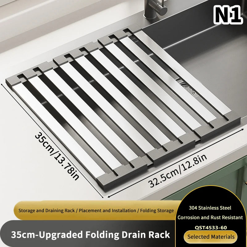 Stainless Steel Kitchen Sink Drain Rack Foldable Dish Drainer Bowl Qme 1