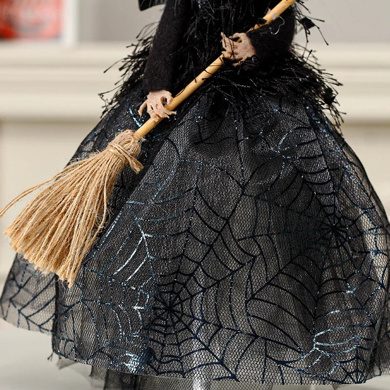 Halloween Broom Witch Doll Haunted House Doll Ornaments Black Spider Web Dress Witch Halloween Ghost Festival Decorate Props Qme