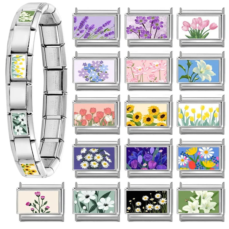 Fashion Iris Hyacinth Sunflower Daisy Flowers Series Italian Charm Link Fit 9mm Bracelet Stainless Steel Women Men DIY Making Qme