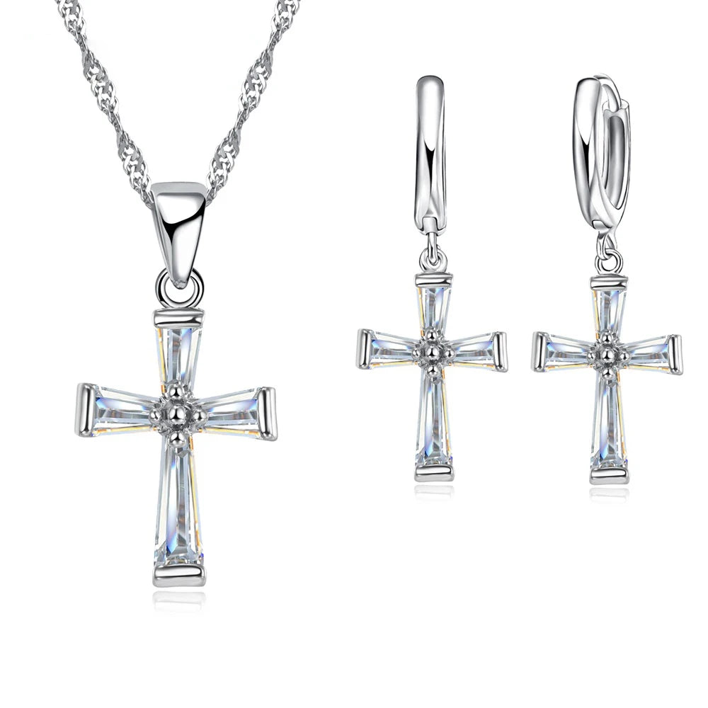 S925 Sterling Silver Color Jewelry Set Trendy Cross Cubic Zircon Necklace Earrings Chain Pendant for Women Nice Gift Qme Default Title