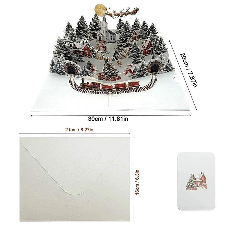 3D Christmas Card Night Before Scene Santa Reindeer Snowy Village Qme